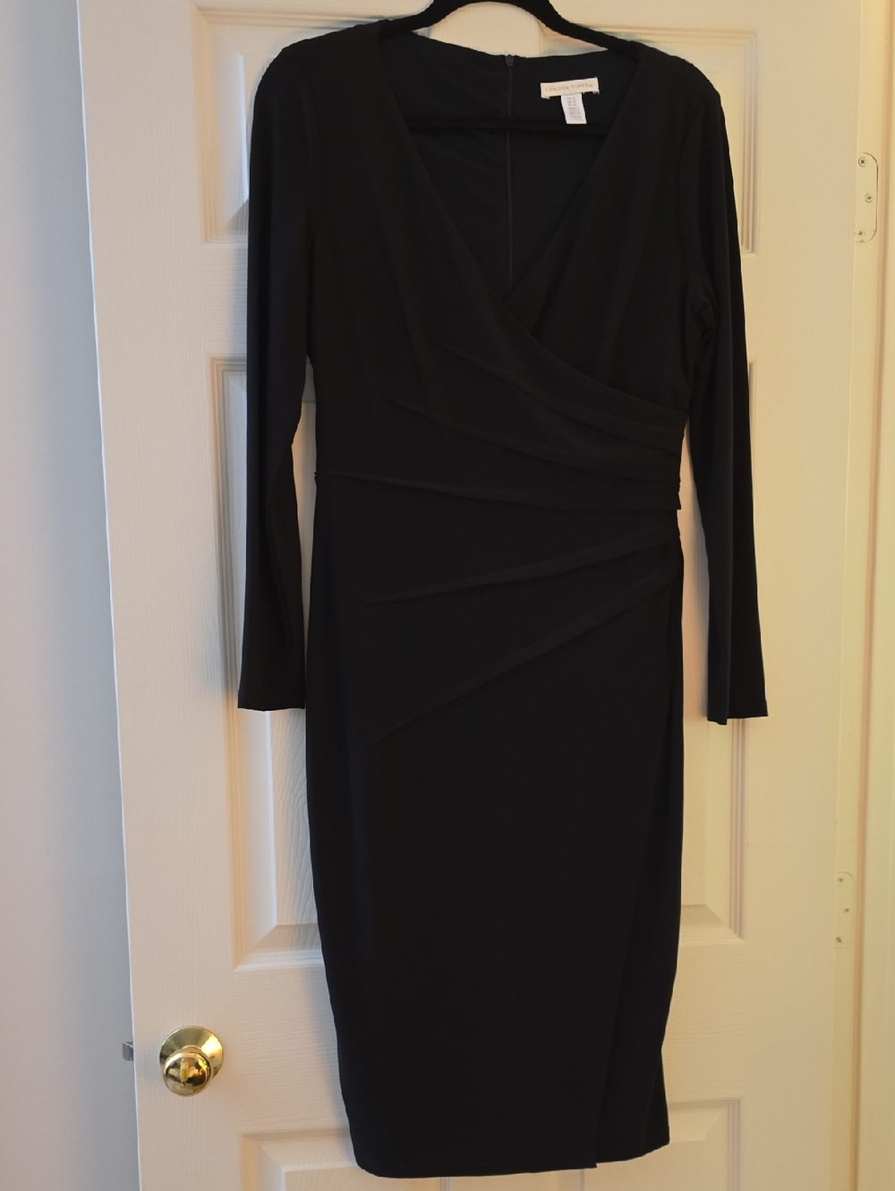 London Times Black Long-Sleeve Faux-Wrap Sheath Dress